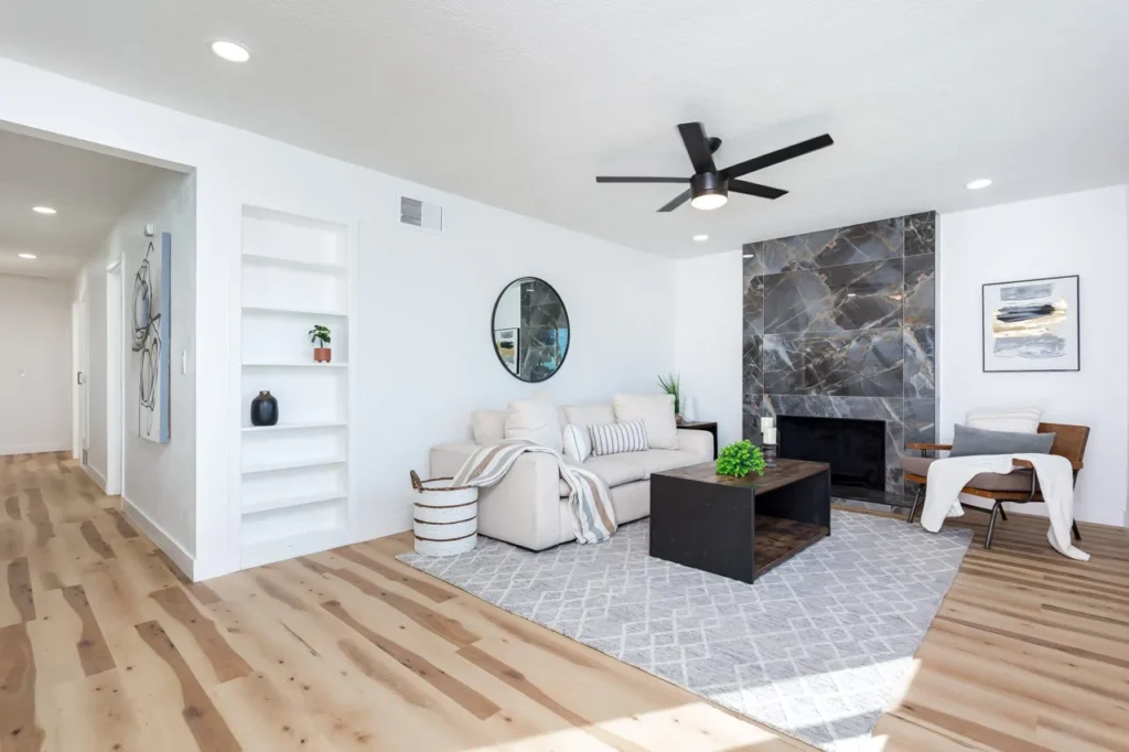 Living Room With Floor To Ceiling Tile Fireplace Lemon Grove Home Remodel