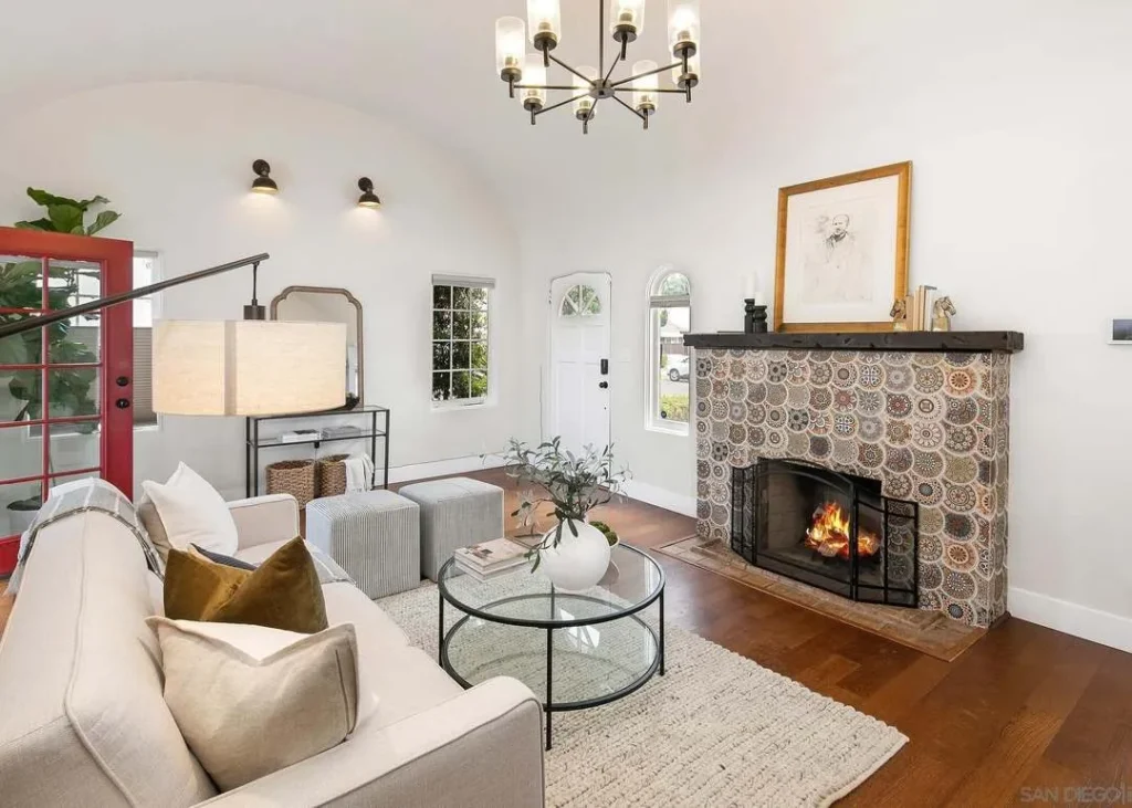 Living Room With Tiled Fireplace Kensington Home Remodel